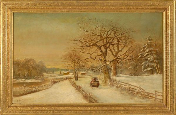 Winter Landscape With Sled And Figures By A River And Distant Town Oil Painting by Daniel Charles Grose