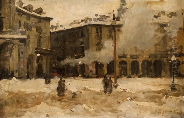 Piazza Vittoria A Torino Sotto La Neve Oil Painting by Giacomo Grosso