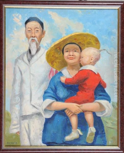 < Couple De Vietnamiens Avec Leurenfant >. Oil Painting by Antal Grosz