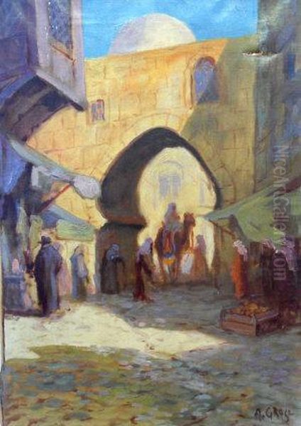 Figures And Camel And Rider In A North African City Street Oil Painting by Antal Grosz