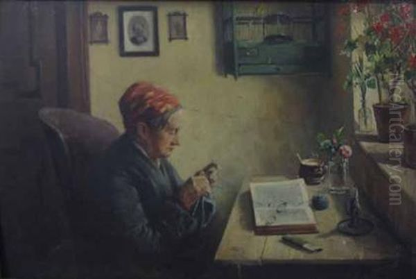 Woman Knitting Oil Painting by August Ignatz Grosz