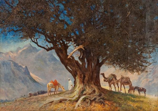 Rast Unter Einem Baum Am Dschebel Musa (sinai) Oil Painting by Fritz Grotemeyer