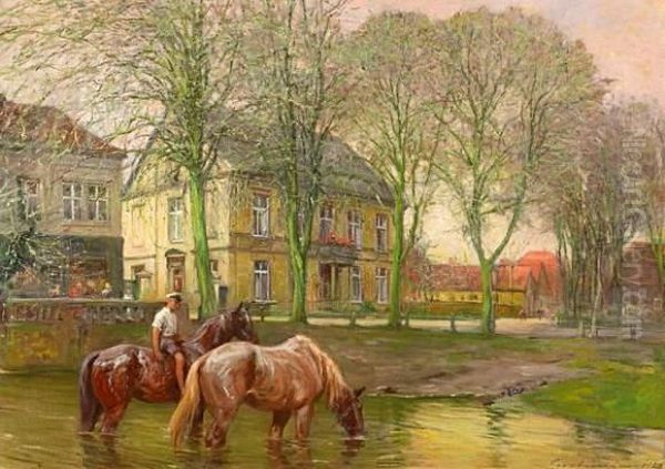 Horse Trough In Altmunster Oil Painting by Fritz Grotemeyer