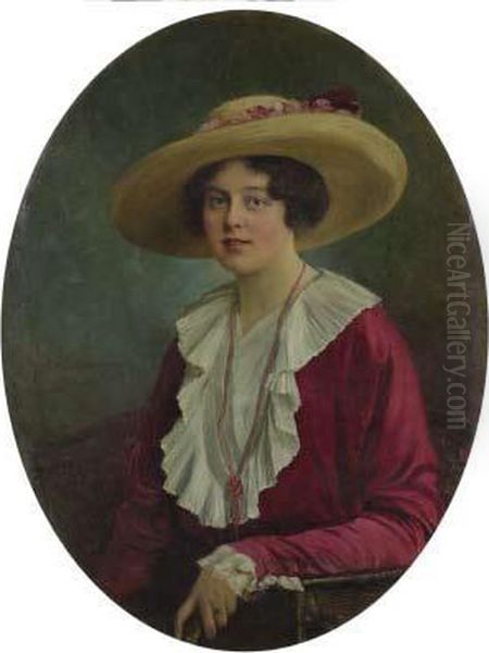 Portrait Einer Dame Mit Rotem Kleid Und Korallcollier Oil Painting by Fritz Grotemeyer