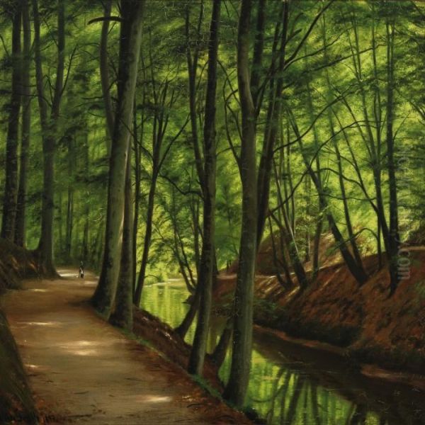 A Beech Forest With A Stream And Walking Persons Oil Painting by Vilhelm Georg Groth