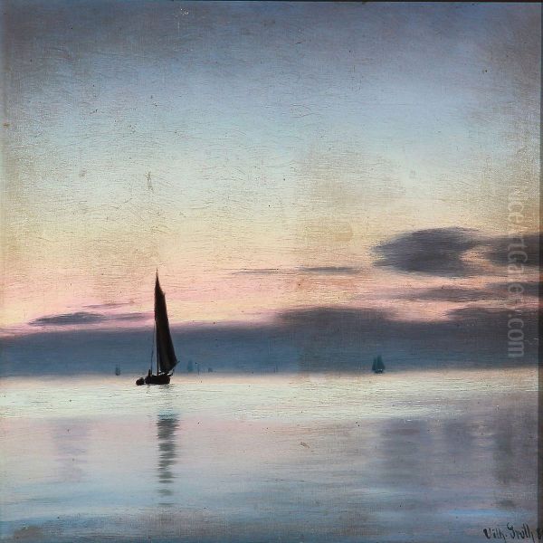 Seascape With A Sailing Boat On The Calm Sea Oil Painting by Vilhelm Georg Groth