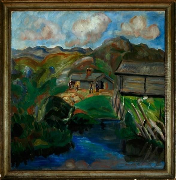 Landscape With Log House Oil Painting by Gudrun Grove