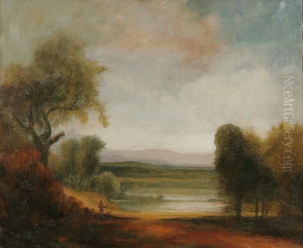 Idyllic Continental Landscape With Figure And Dog Oil Painting by James Grove