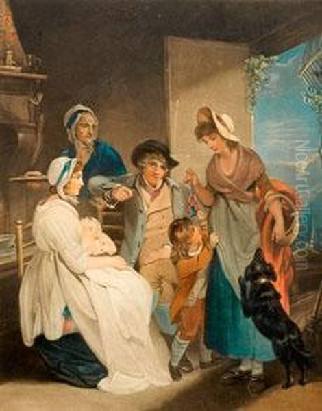 Paar Genreszenen Mit Bauernfamilien Beim Mittags- Und Nachtmahl Oil Painting by Joseph Grozer