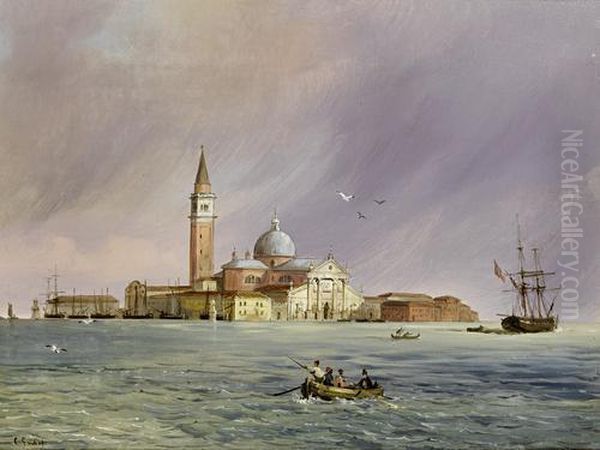 Fishing On The Lido With The Campanile In The Background Oil Painting by Carlo Grubacs