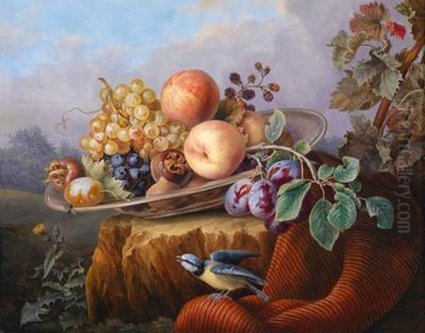 Fruchtestillleben Mit Vogel Inlandschaft Oil Painting by Carl Gruber