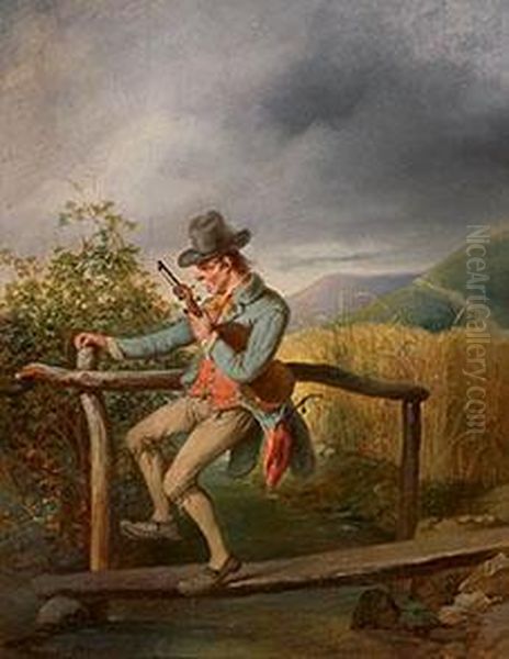 Betrunkener Violinist Bei Der Uberquerung Einesholzstegs Uber Einen Bach. Ol/holz, Parkettiert. U. L. Sign Oil Painting by Franz Josef Gruber