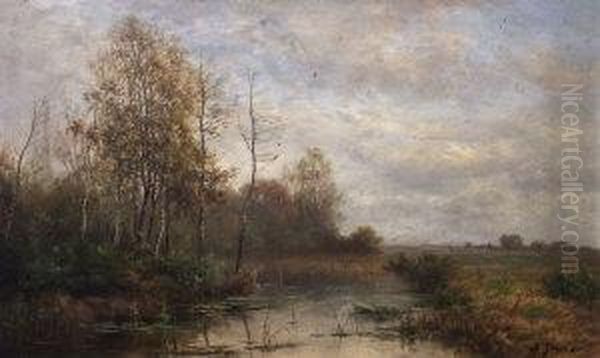 River Landscape Oil Painting by Th. Gruber