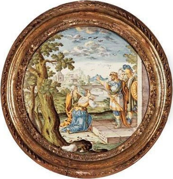 Formella circolare In Maiolica Dipinta In Policromia Nelle Tonalita Predominanti del Giallo, Azzurro, Verde E Manganese A Raffigurare Due Donne Al Cospetto Di Un Regnante Con Accanto Due Soldati; Sullo Sfondo Un Paesaggio Fluviale Con Ponte, Castello E Ca Oil Painting by Grue Francesco Antonio Saverio