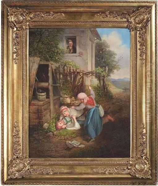 Two Grappling Children After End Of School Oil Painting by Albrecht Grueber