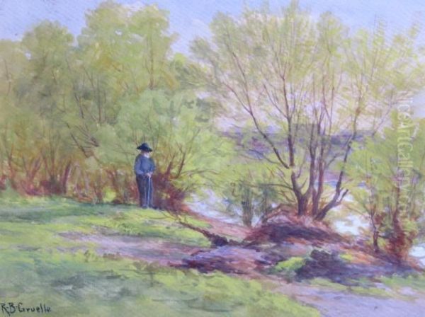 A Man With A Cane In A Waterfront Landscape Oil Painting by Richard Buckner Gruelle