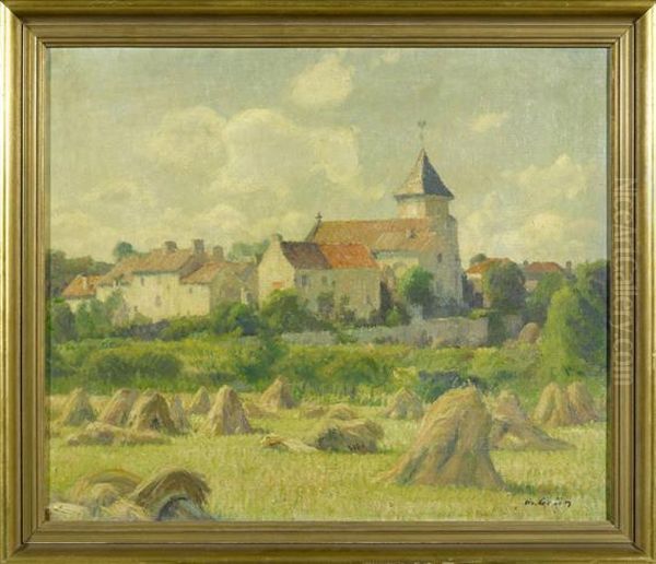 Village Church With Hay Stack In The Foreground Oil Painting by Maurice Grun