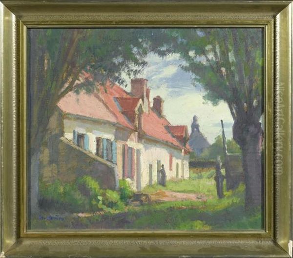 House With Figure At A Door And A Church Tower In The Background by Maurice Grun