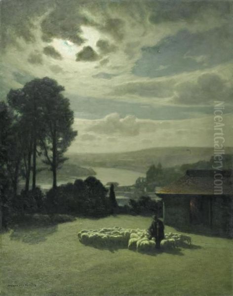 Shepherd Under The Full Moon Oil Painting by Maurice Grun