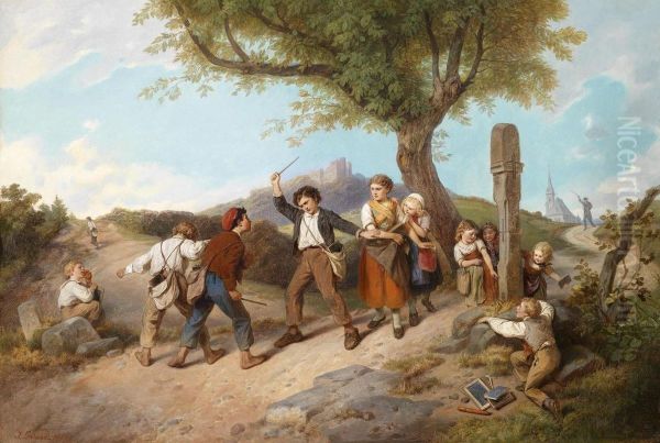 Childrenfighting Oil Painting by Johann Grund