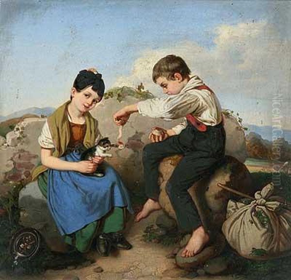 Rastende Bauernkinder Mitspielendem Katzchen Vor Sommerlandschaft Oil Painting by Johann Jacob Norbert Grund