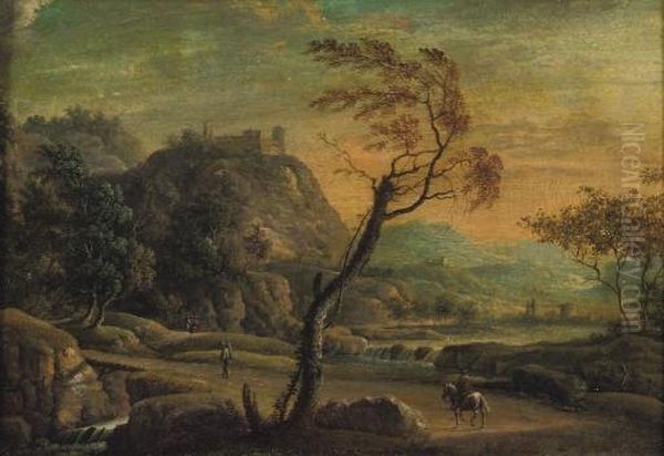 A Mountainous River Landscape With Travellers On A Track, A Castle On A Hill Beyond Oil Painting by Johann Jacob Norbert Grund