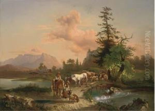 Herding The Cattle Over A Bridge Oil Painting by Johann Jacob Norbert Grund