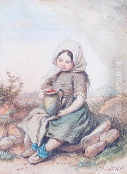 A Young Girl Seated On A Rock Oil Painting by Johann Jacob Norbert Grund