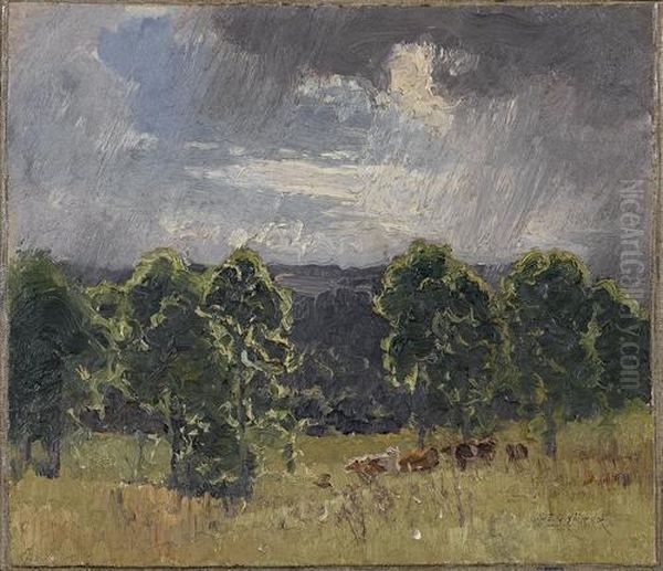 Landscape With Cattle And Storm Clouds Oil Painting by Elioth Gruner