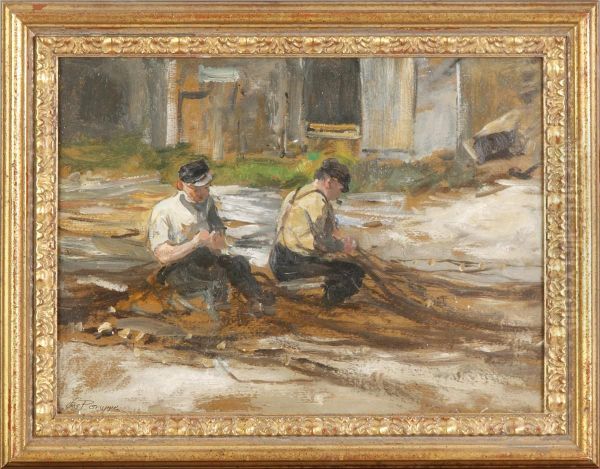 Fishermen Mending Nets Sgn. Lower Left Oil Painting by Chas. P Gruppe