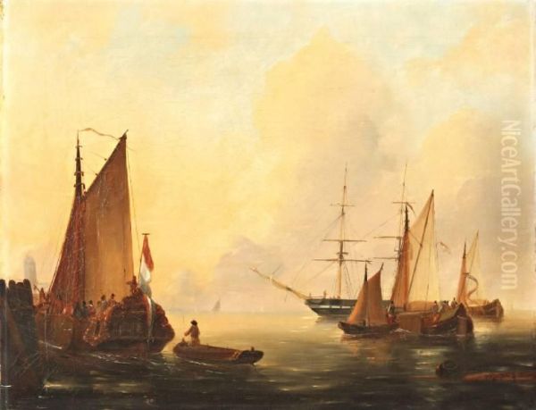 Schepen En Platbodem Onder Nederlandse Vlag Op Kalm Water Oil Painting by Willem Jun Gruyter