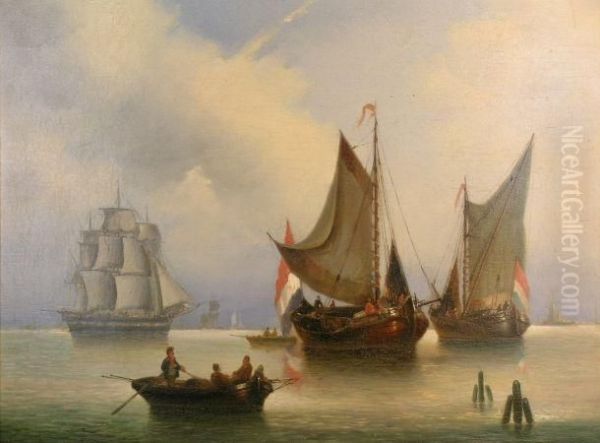 Dutch Sailboats Moored In An Estuary Oil Painting by Willem Jun Gruyter