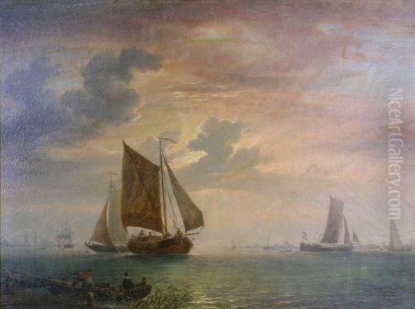 Dutch Vessels At Sunset Oil Painting by Willem Jun Gruyter