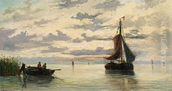 Boats In An Estuary Oil Painting by Willem Jun Gruyter