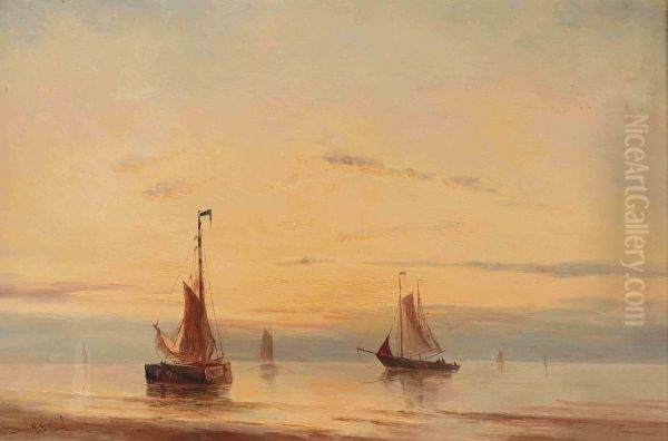 Sailing Vessels Moored At Sunset Oil Painting by Willem Jun Gruyter