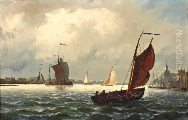 Stad Aan Een Rivier Met Zeilboten Oil Painting by Willem Jun Gruyter