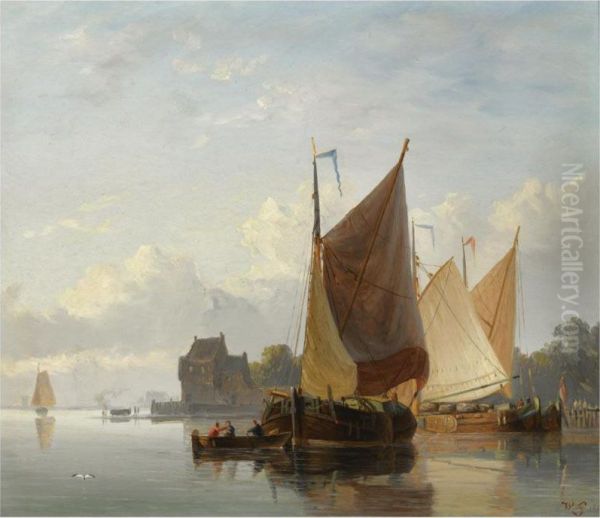 Sailing Ships At Anchor Oil Painting by Willem Jun Gruyter