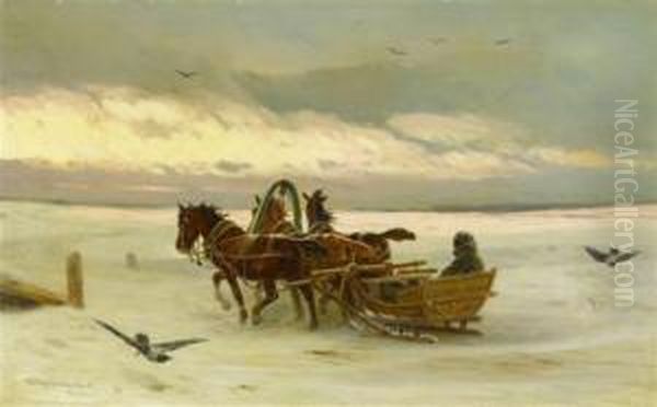 Horsedrawn Sledges In The Show Oil Painting by Petr Nicolaevich Gruzinsky