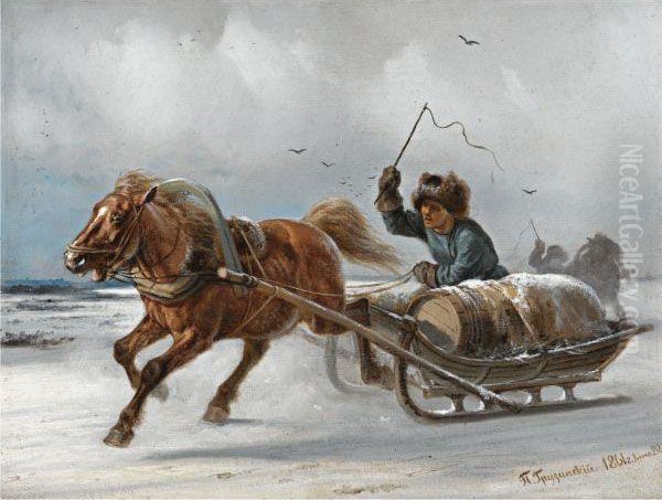 Sleigh Driver Oil Painting by Petr Nicolaevich Gruzinsky