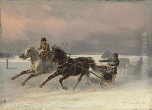 Galloping Through The Snow Oil Painting by Petr Nicolaevich Gruzinsky