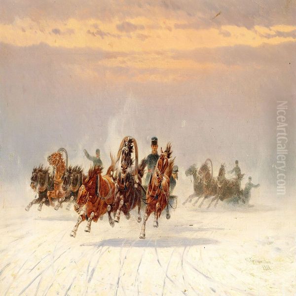 Soldiers On Troikas At High Speed Oil Painting by Petr Nicolaevich Gruzinsky