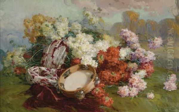 Still Life With Chrysanthemum And A Tambourine Oil Painting by Cayo Guadalupe Zurzarren