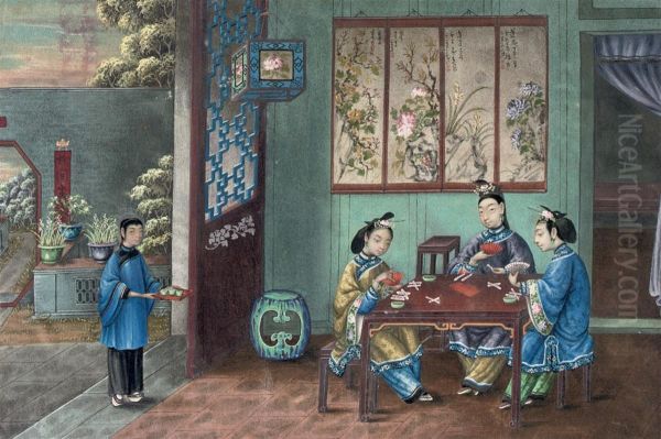 Chinese Interiors With Ladies Gaming, Dancing, And Playing Music Oil Painting by Tingqua Guan Lianchang