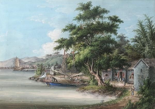 A Chinese Vessel Berthing In An Inlet, A Pair Oil Painting by Tingqua Guan Lianchang