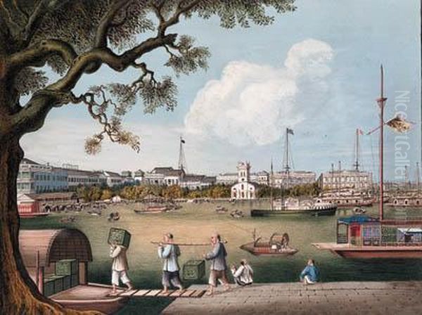 The Waterfront At Canton With The American, British And Danishfactories And The Protestant Church Oil Painting by Tingqua Guan Lianchang