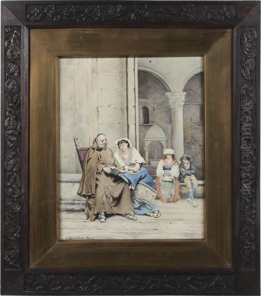 Monk Reading With A Woman And Children Oil Painting by Guerrino Guardabassi