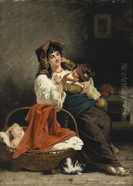 A Mother's Playful Touch Oil Painting by Guerrino Guardabassi