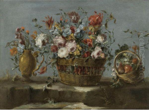 Still Life Of A Basket Of Flowers On A Rock Ledge Oil Painting by Francesco Guardi