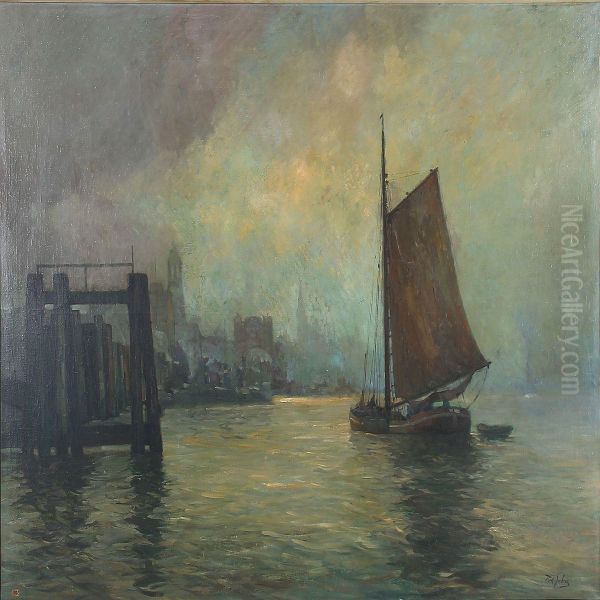 Harbour Scene From Hamburg Oil Painting by Rudolf Guba