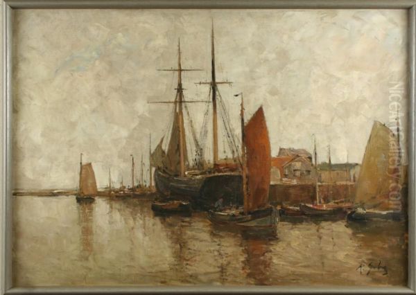 Fischereihafen Mit Fischerkahnen Am Kai Oil Painting by Rudolf Guba